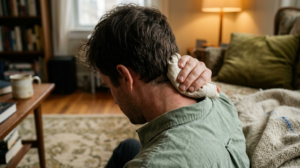A person seen from behind pressing a cloth-wrapped ice pack against the side of their neck in a warm, lamplit living room.