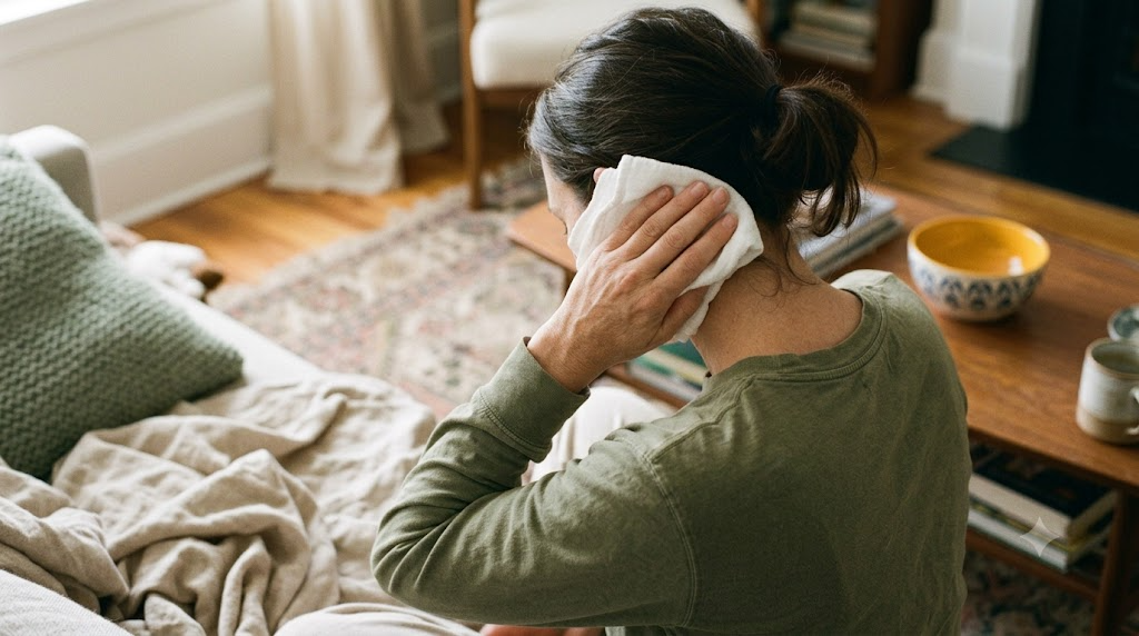 Over the shoulder view of a person pressing a chilled cloth against the base of their skull.