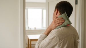 A person holding an ice pack against the side of their neck in a calm cream and oat toned room.