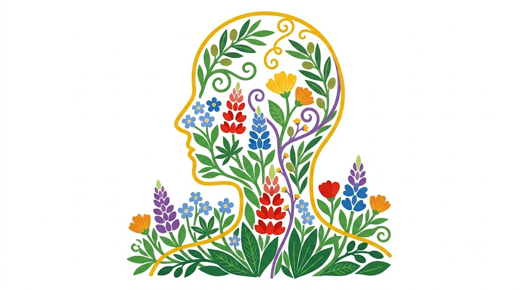 Flat vector folk-art illustration of a simplified human head and neck with the vagus nerve marked on it, its interior filled with lupins, forget-me-nots and olive sprigs on a white background.