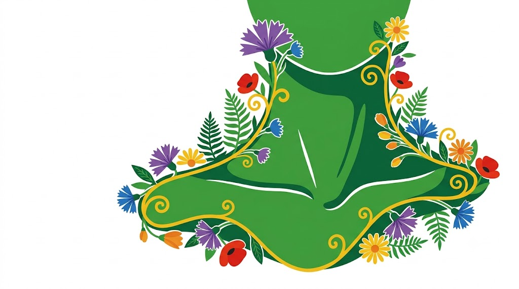 Flat vector illustration of a neck and collarbones framed by folk-art flowers and foliage.