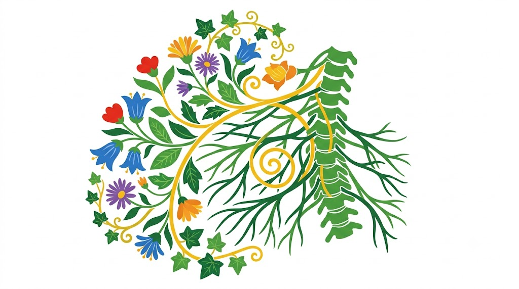 A flat vector illustration of a branching nerve plexus spreading from a section of the spinal column, framed by decorative folk-art foliage.