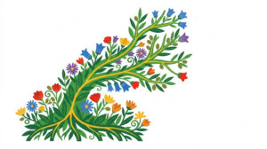 A flat folk-art vector illustration of a branching human nerve plexus framed by stylised flowers and vines on white.