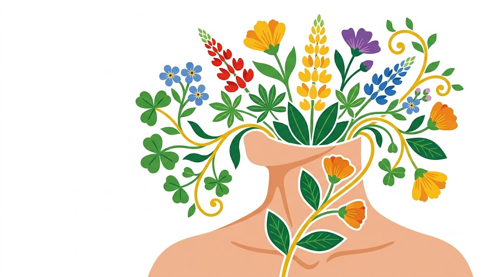 A flat folk-art vector illustration of a human neck with lupins, forget me nots and clover arching over it on a white background.