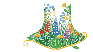 A flat folk-art vector illustration of a human neck framed by stylised flowers, leaves and curling vines on a white background.