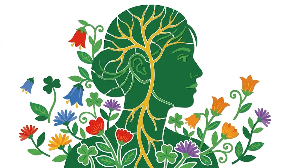 Flat vector folk-art illustration of a head and shoulders in profile with the vagus nerve marked down one side of the neck, surrounded by bellflowers, asters and clover leaves on a white background.