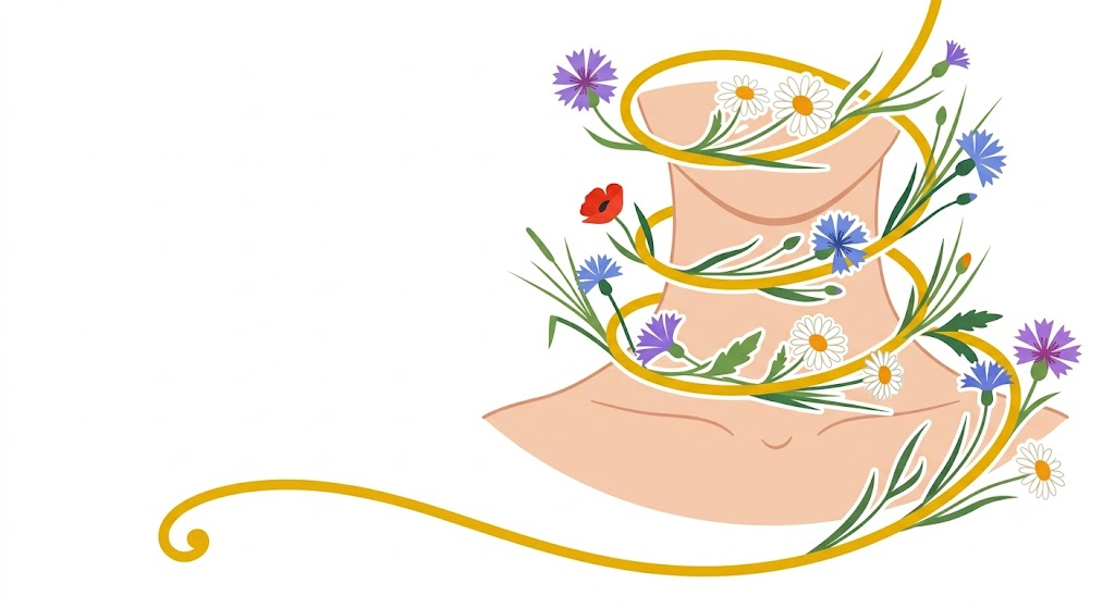 A flat folk-art illustration of a human neck seen from the front, wound with a loose spiral of cornflowers, daisies and slender grasses.