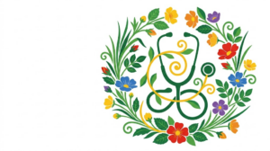 A flat vector illustration of a stethoscope surrounded by folk-art botanicals.