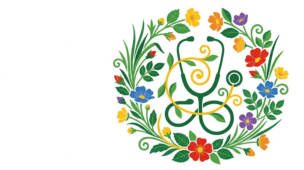 A flat vector illustration of a stethoscope surrounded by folk-art botanicals.