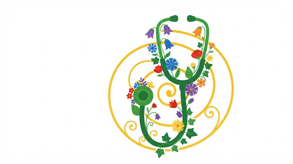 A flat vector folk-art illustration of a stethoscope with a spray of stylised flowers and leaves on a white background.