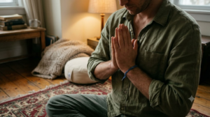 Seen from just above, a person brings their palms together at their chest while seated on a worn rug in warm lamplight.