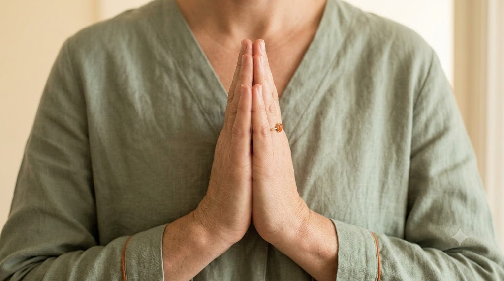 Hands pressed palm to palm at the chest of a person in a sage linen top, seen from just above.