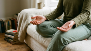 A pair of hands resting palm up on knees at the end of a slow yoga sequence.