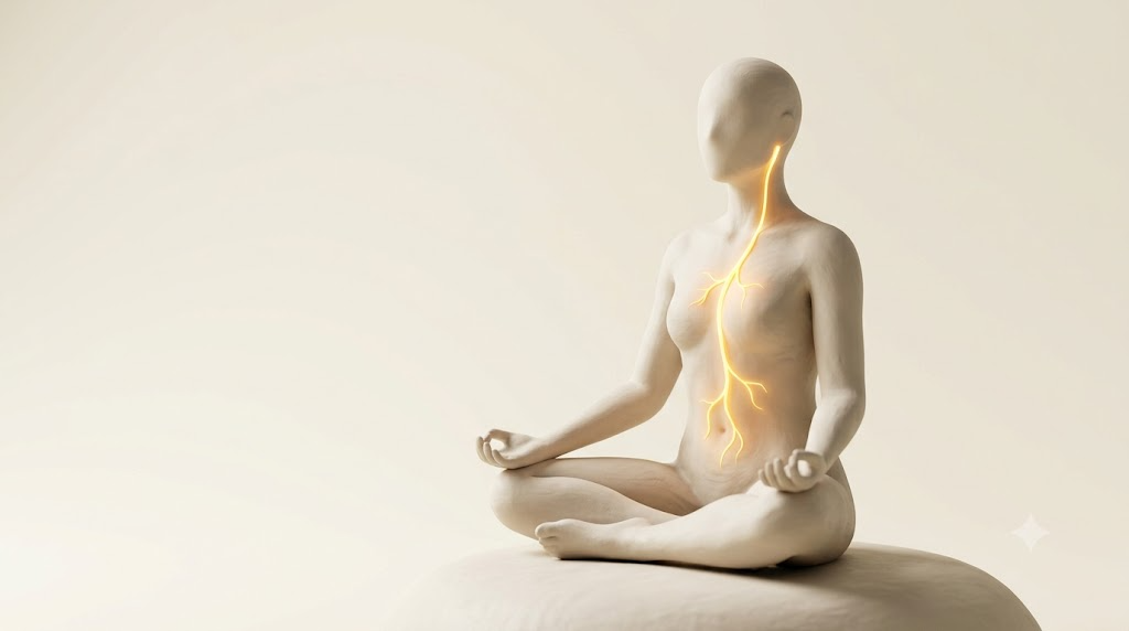 Matte clay figure seated cross-legged in meditation with a glowing golden line tracing the vagus nerve from the skull down the neck into the torso