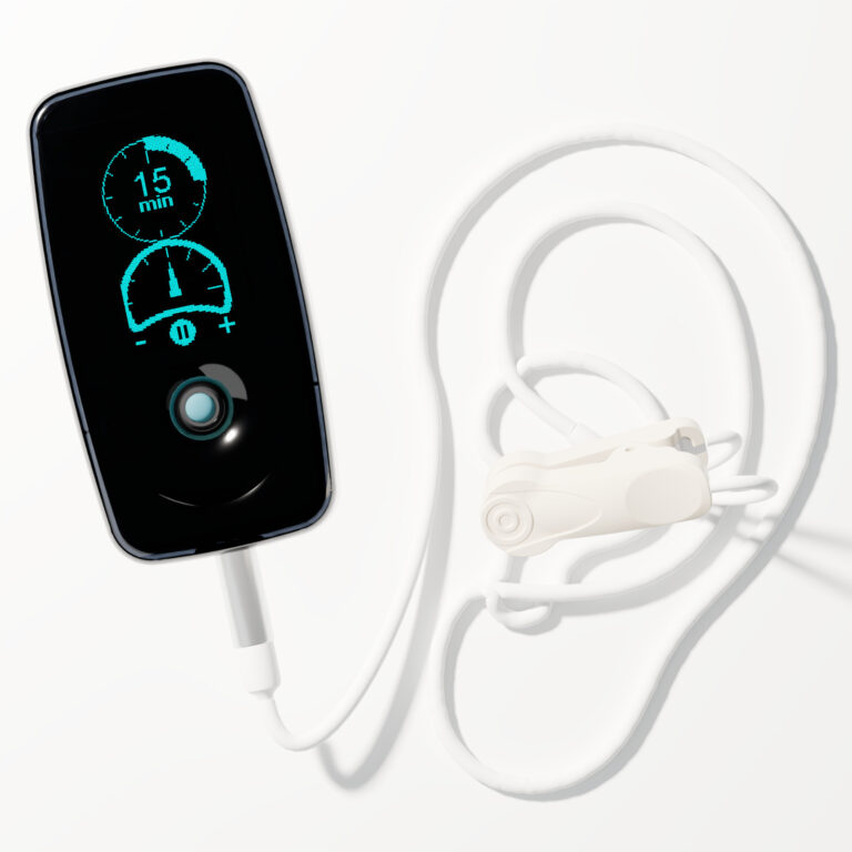 Vagal Buddy tVNS device with its ear clip electrode on a model ear